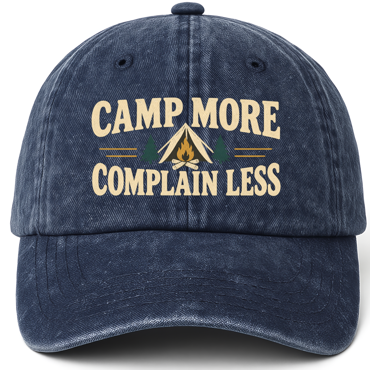 Navy vintage washed cap with Camp More. Complain Less printed front design