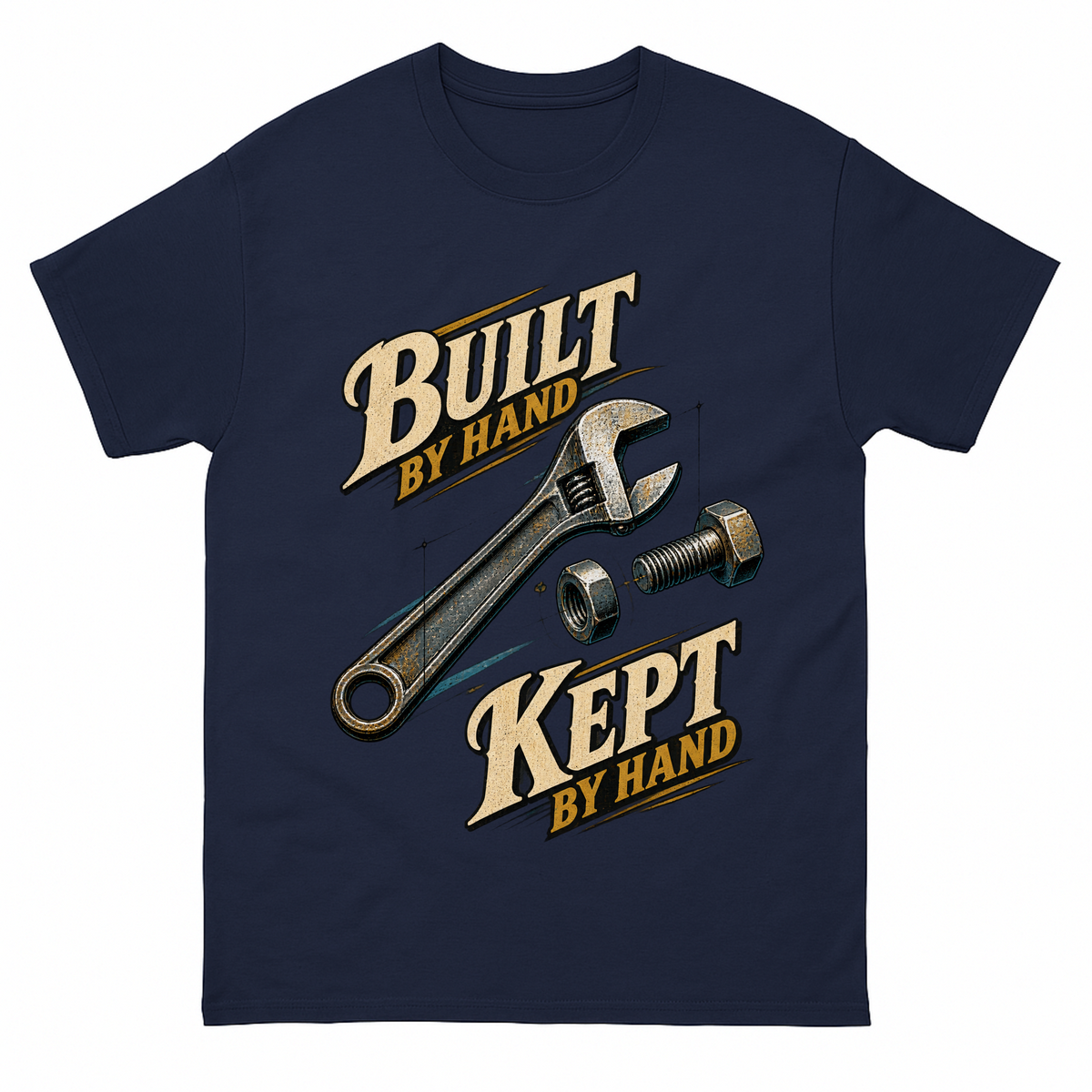 Navy vintage t-shirt with Build By Hand. Keep It By Hand printed front design