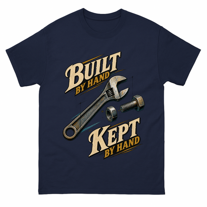 Navy vintage t-shirt with Build By Hand. Keep It By Hand printed front design