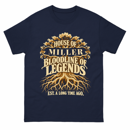 Navy vintage t-shirt with House Of Your Family Name Bloodline Of Legends Oak Roots printed front design