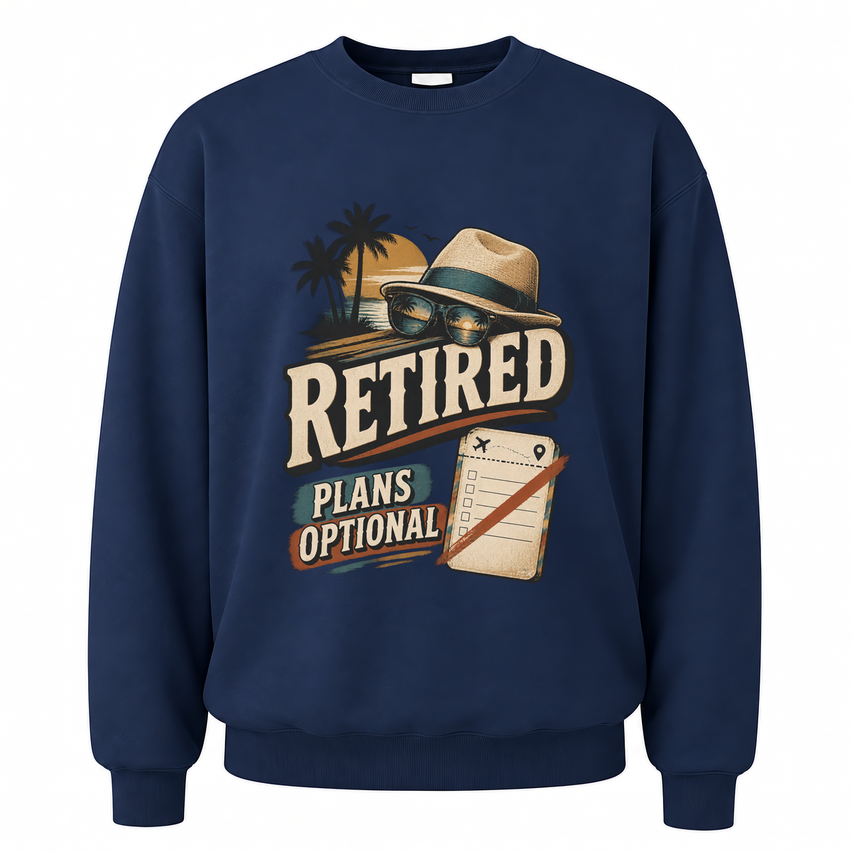 Navy vintage sweatshirt with Retired Plans Optional printed front design