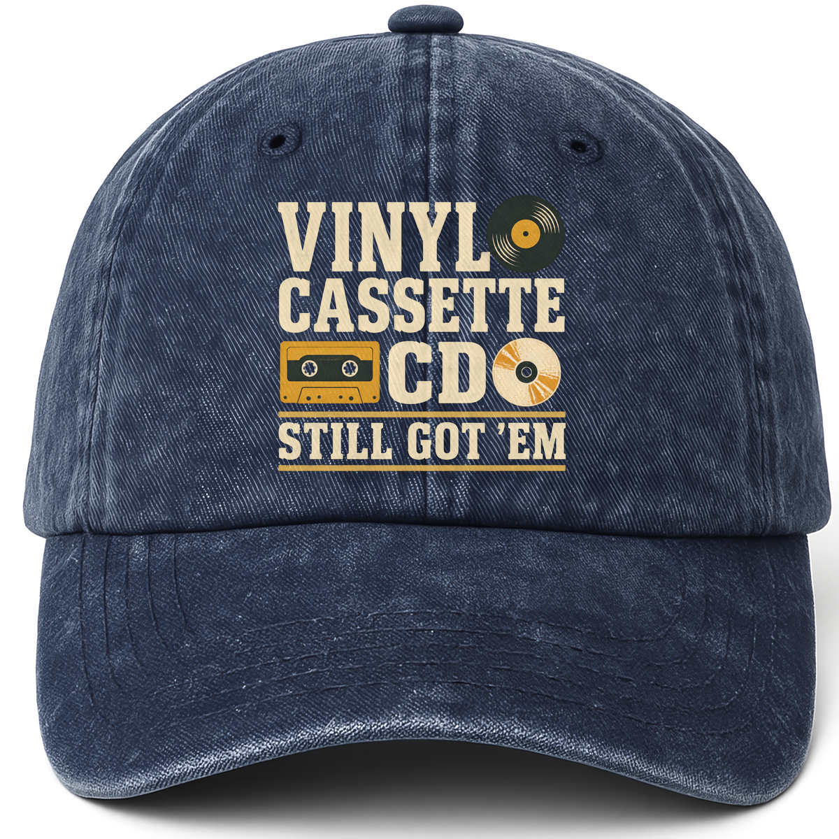 Navy vintage washed cap with Vinyl Cassette CD Still Got 'Em printed front design
