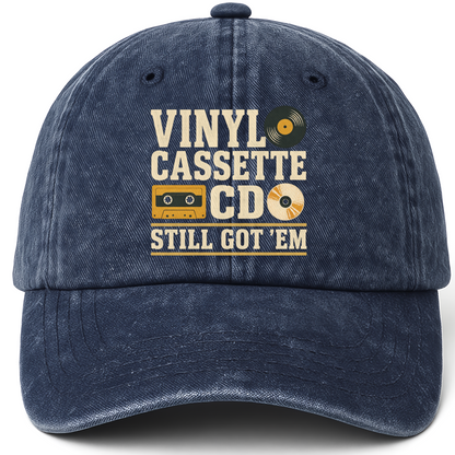 Navy vintage washed cap with Vinyl Cassette CD Still Got 'Em printed front design