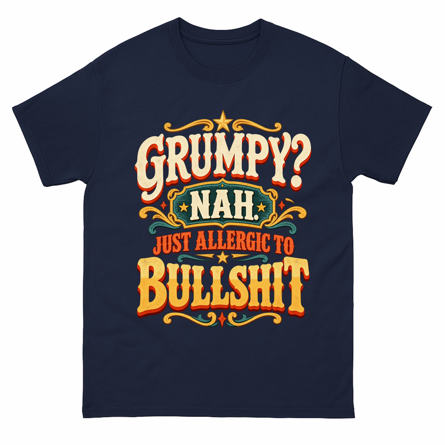 Navy vintage t-shirt with Grumpy? Nah. Just Allergic To Bullshit printed front design