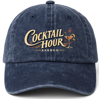 Navy vintage washed cap with Cocktail Hour Earned printed front design