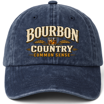 Navy vintage washed cap with Bourbon Country Common Sense printed front design