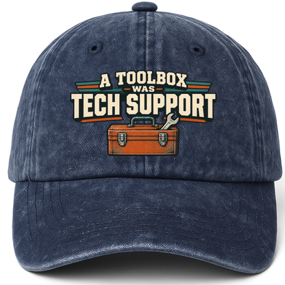 Navy vintage washed cap with A Toolbox Was Tech Support printed front design
