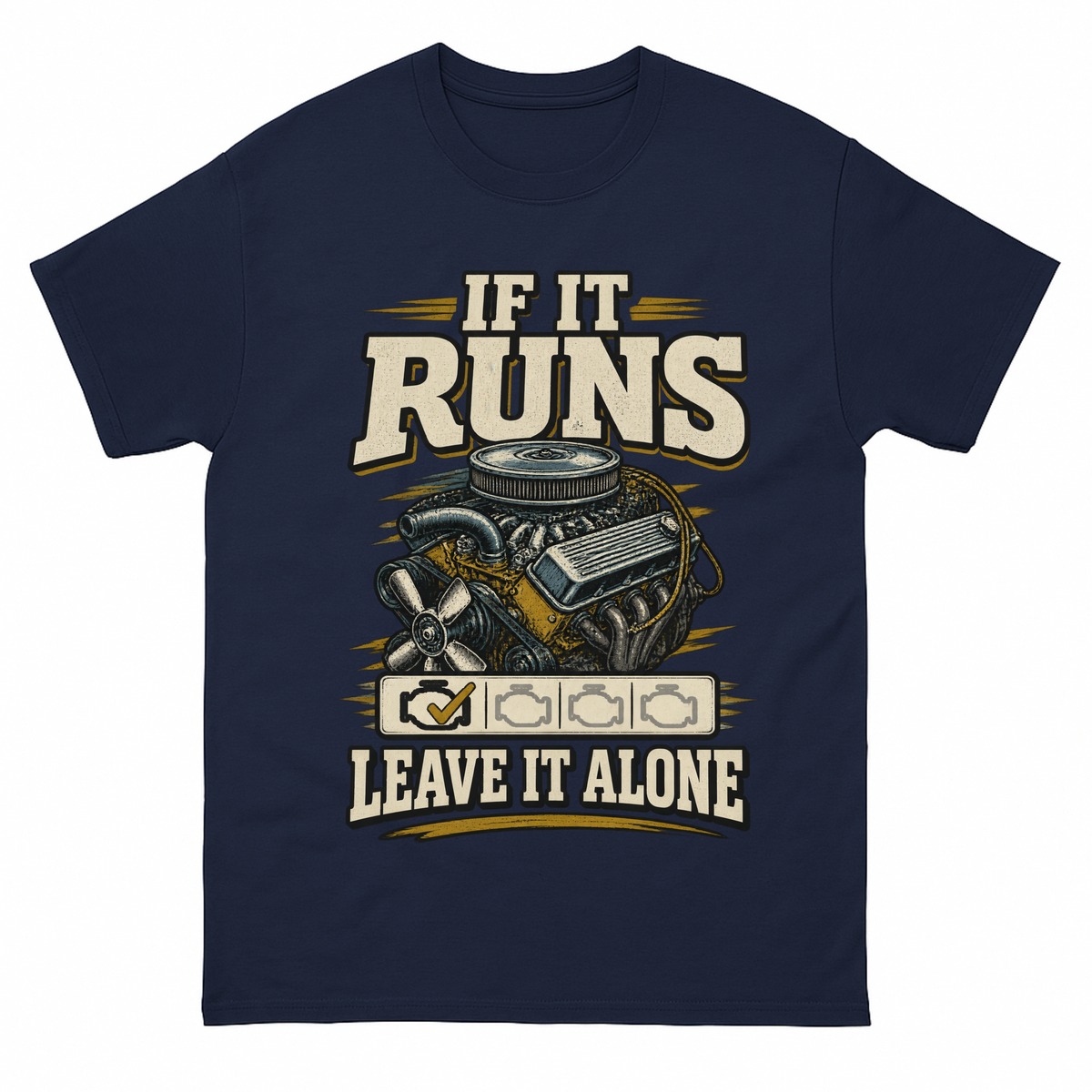 Navy vintage t-shirt with If It Runs Leave It Alone printed front design