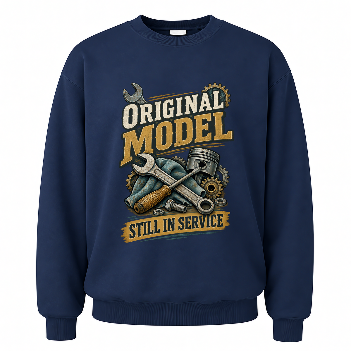 Navy vintage sweatshirt with Original Model Still In Service printed front design