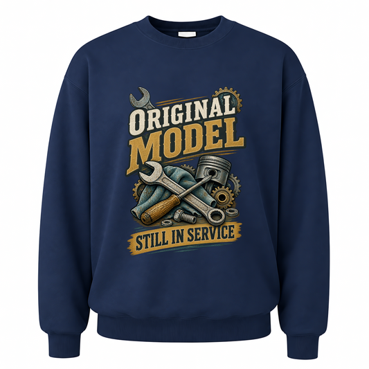 Navy vintage sweatshirt with Original Model Still In Service printed front design