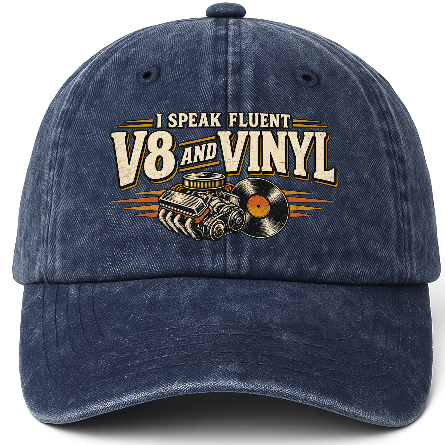 Navy vintage washed cap with 32 v8 and vinyl ideogram 4x TRIM pad80 printed front design