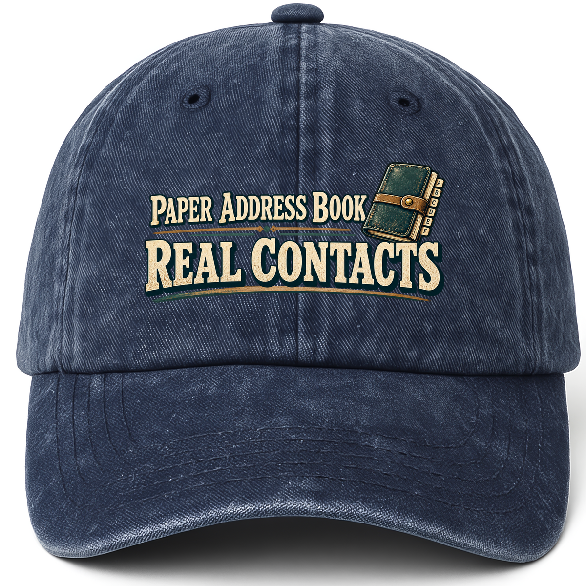 Navy vintage washed cap with Paper Address Book. Real Contacts printed front design