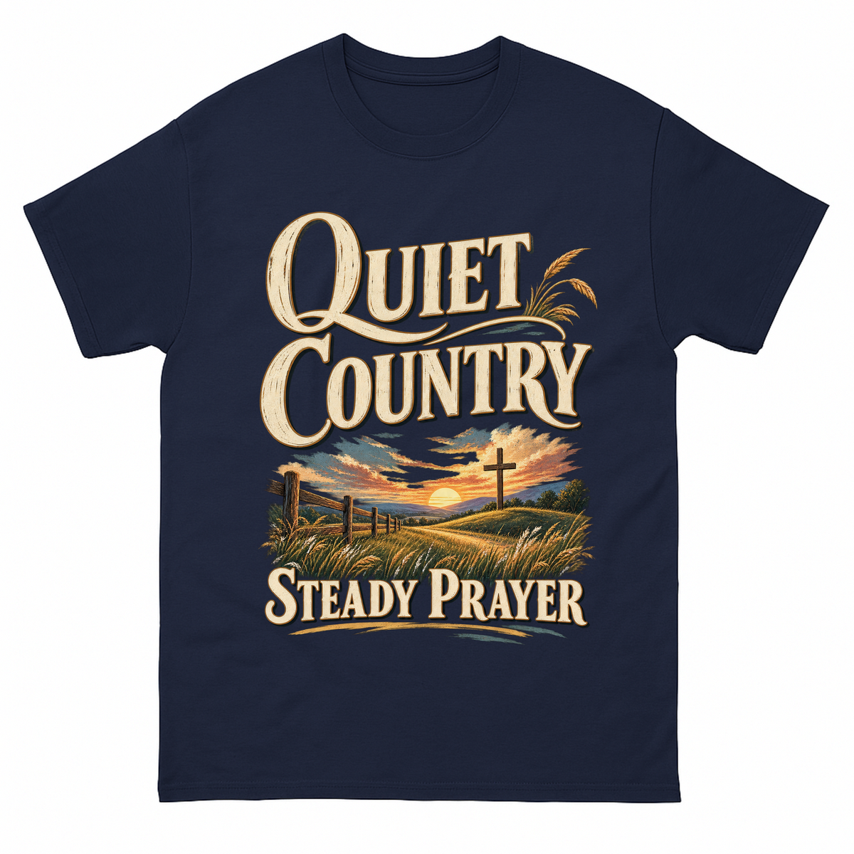 Navy vintage t-shirt with Quiet Country Steady Prayer printed front design