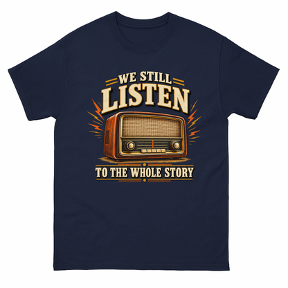 Navy vintage t-shirt with We Still Listen To The Whole Story printed front design