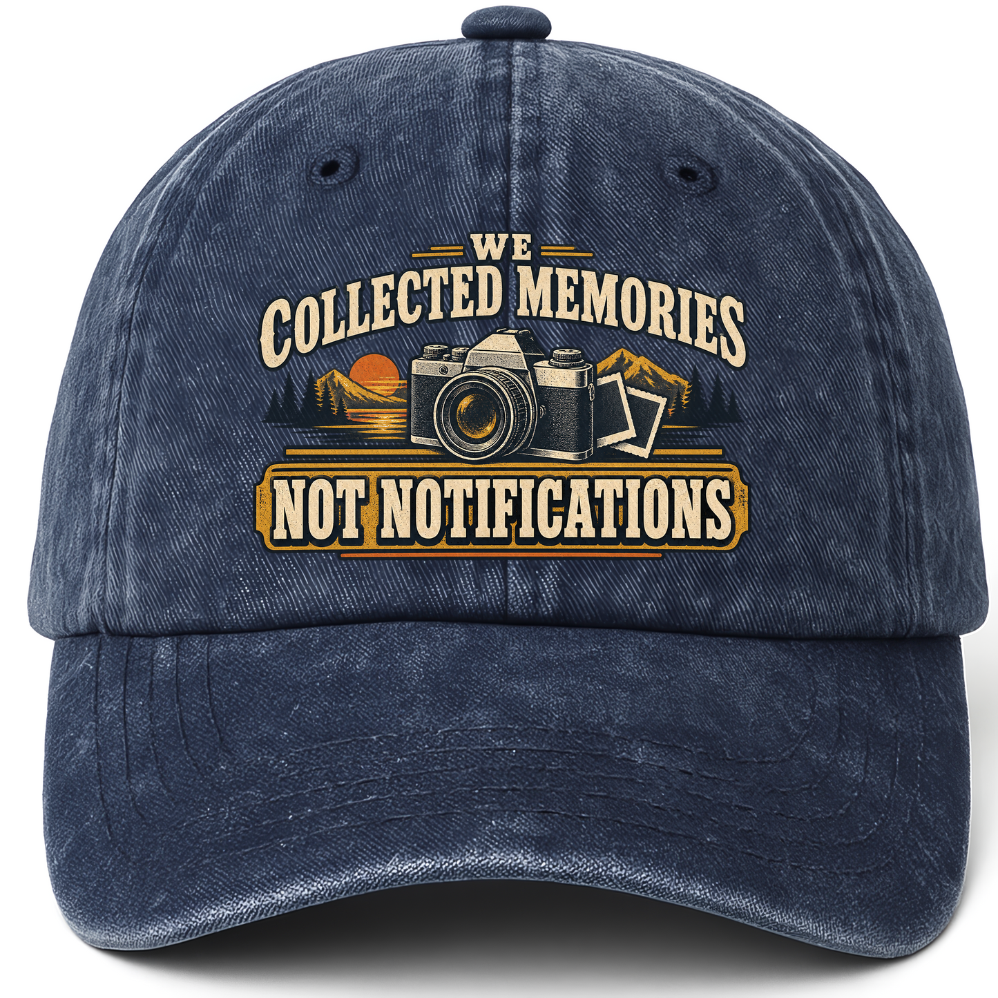 Navy vintage washed cap with We Collected Memories Not Notifications printed front design