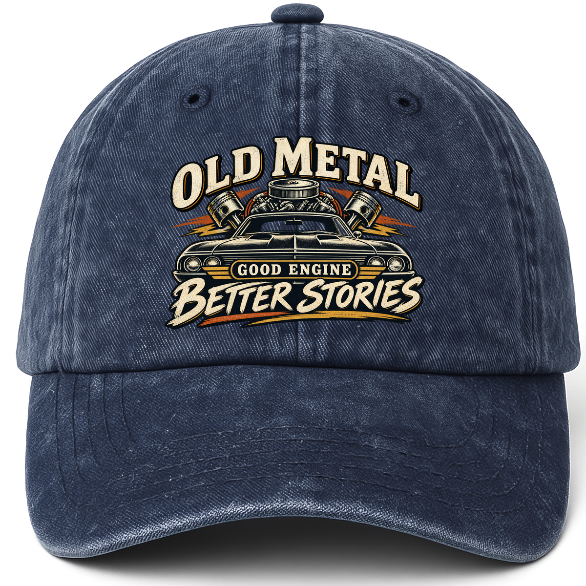 Navy vintage washed cap with Old Metal Good Engine Better Stories printed front design
