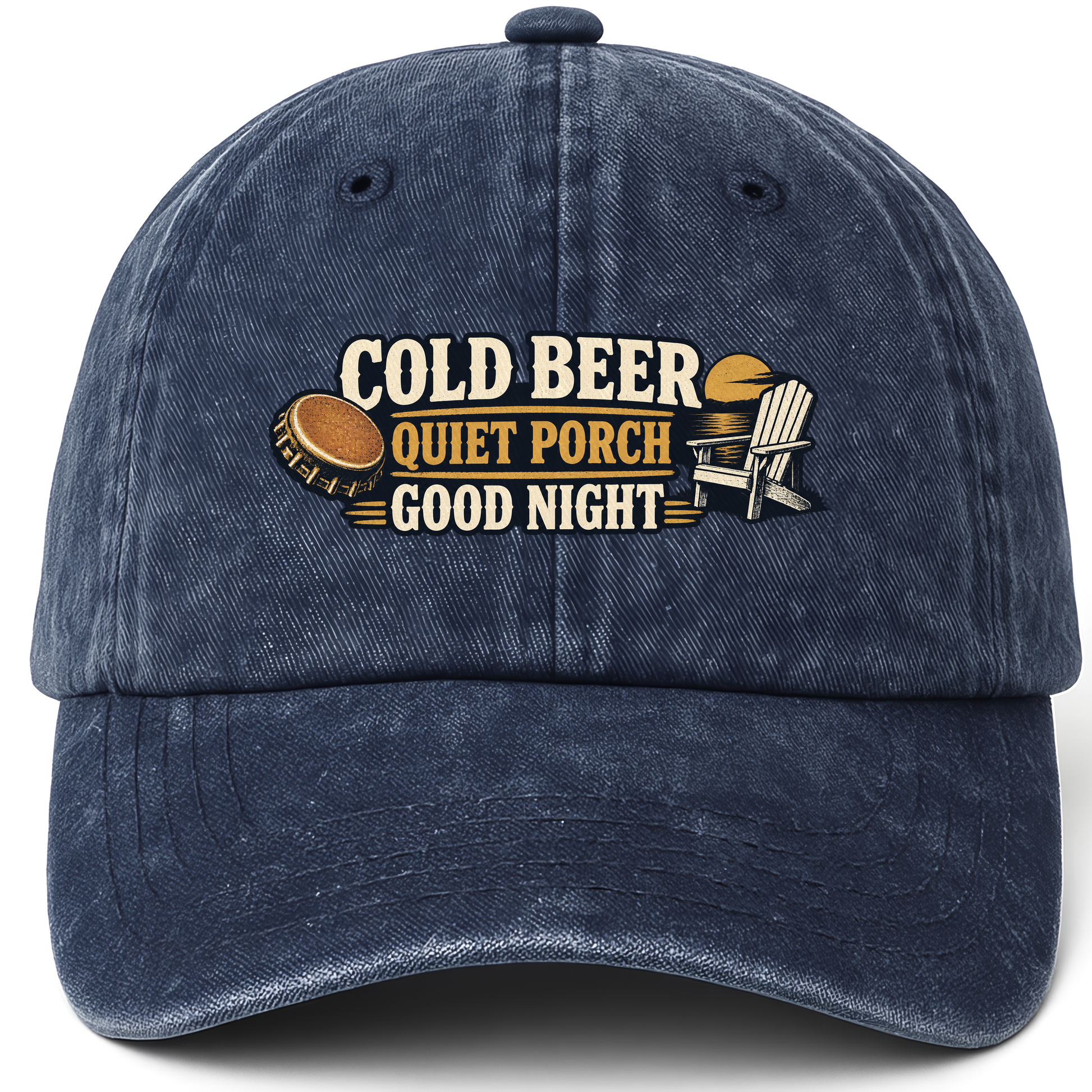 Navy vintage washed cap with Cold Beer Quet Porch Good Night printed front design