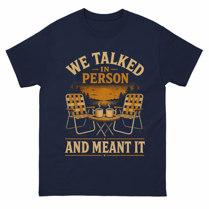Navy vintage t-shirt with We talked in person tee printed front design