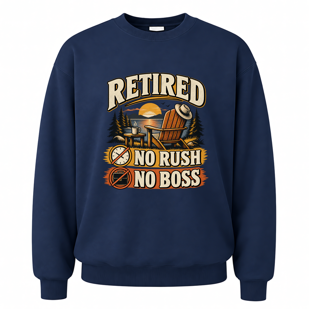 Navy vintage sweatshirt with Retired. No Rush No Boss printed front design