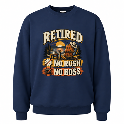 Navy vintage sweatshirt with Retired. No Rush No Boss printed front design