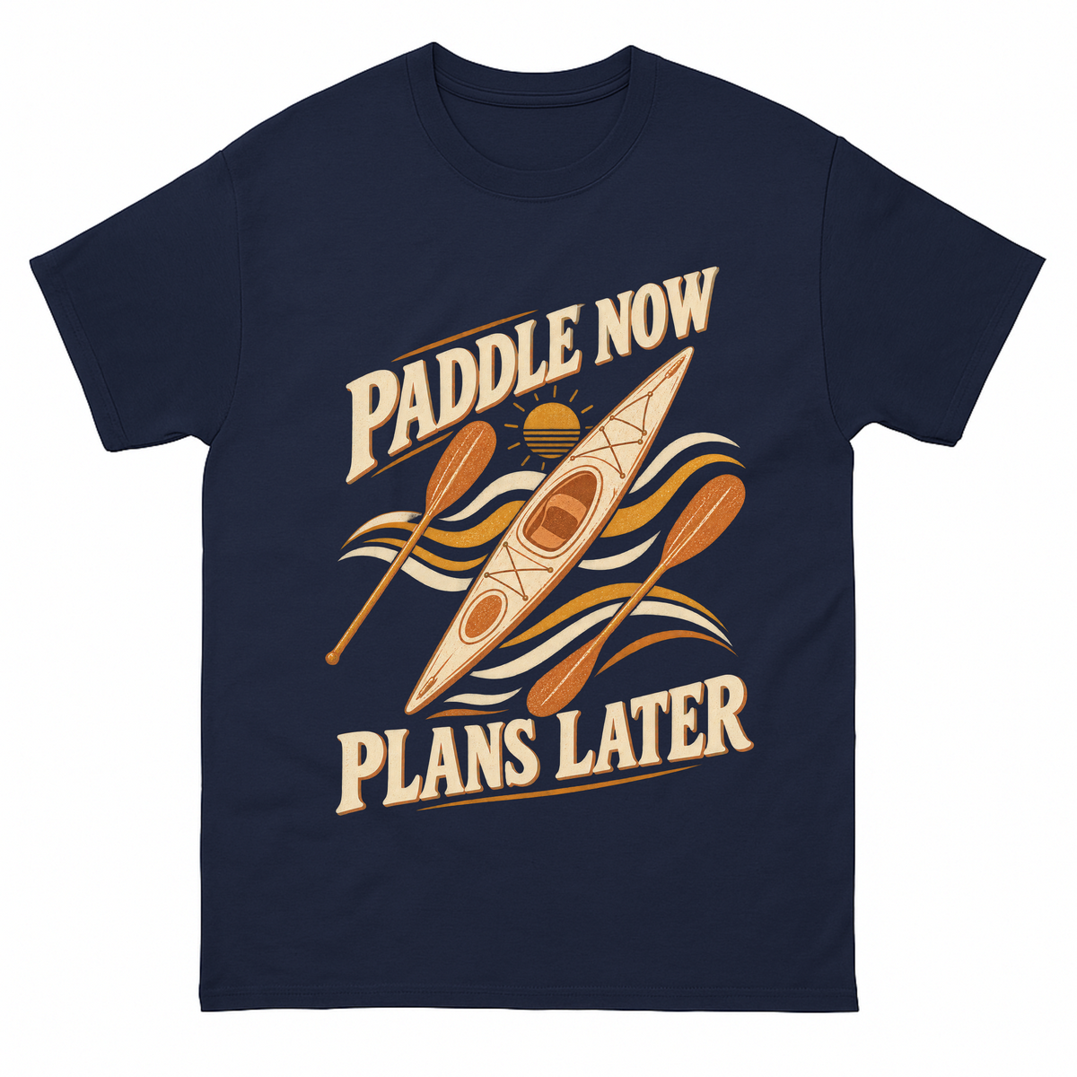 Navy vintage t-shirt with Paddle Now. Plans Later printed front design