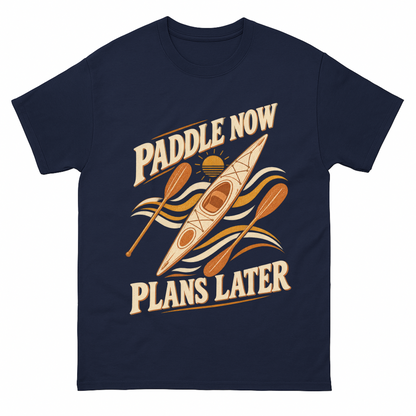 Navy vintage t-shirt with Paddle Now. Plans Later printed front design