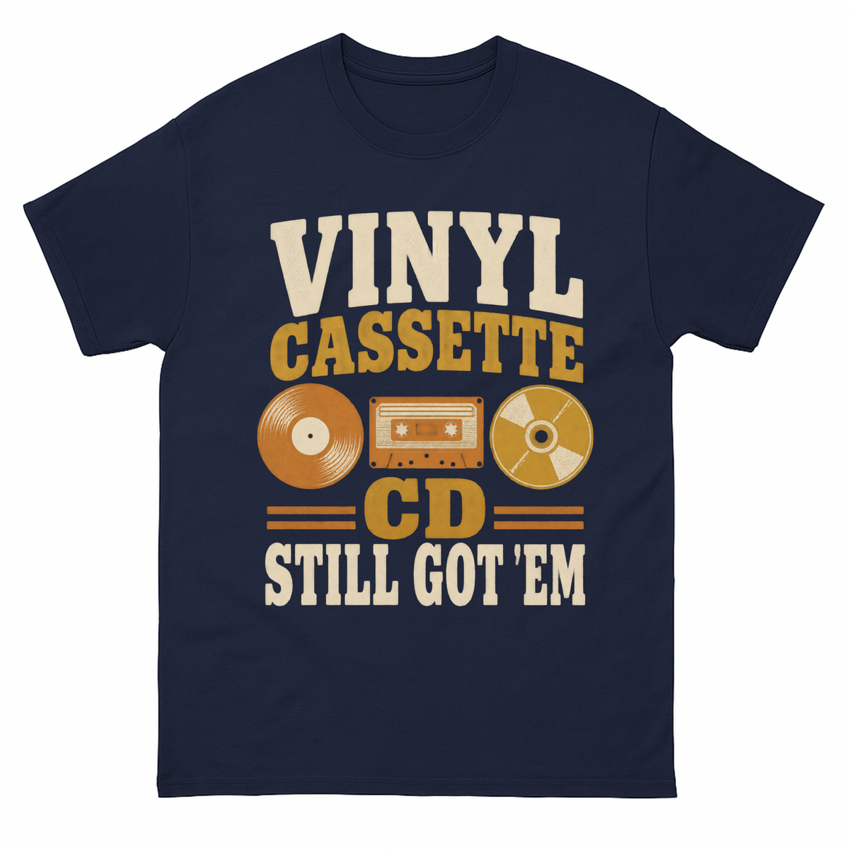 Navy vintage t-shirt with Vinyl Cassette CD Still Got 'Em printed front design