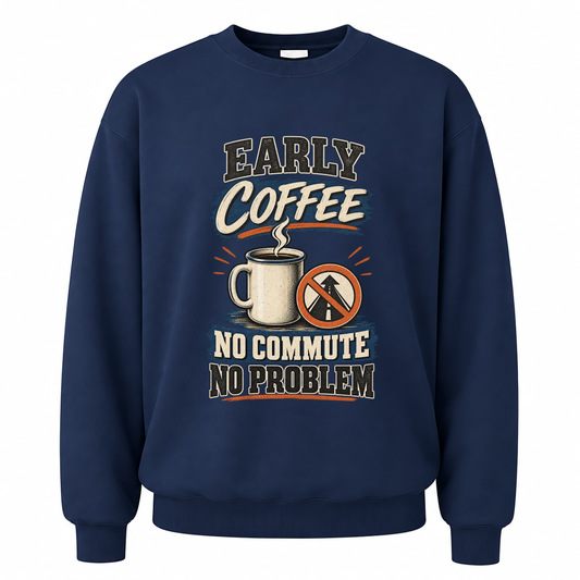 Navy vintage sweatshirt with Early Coffee. No Commute No Problem printed front design