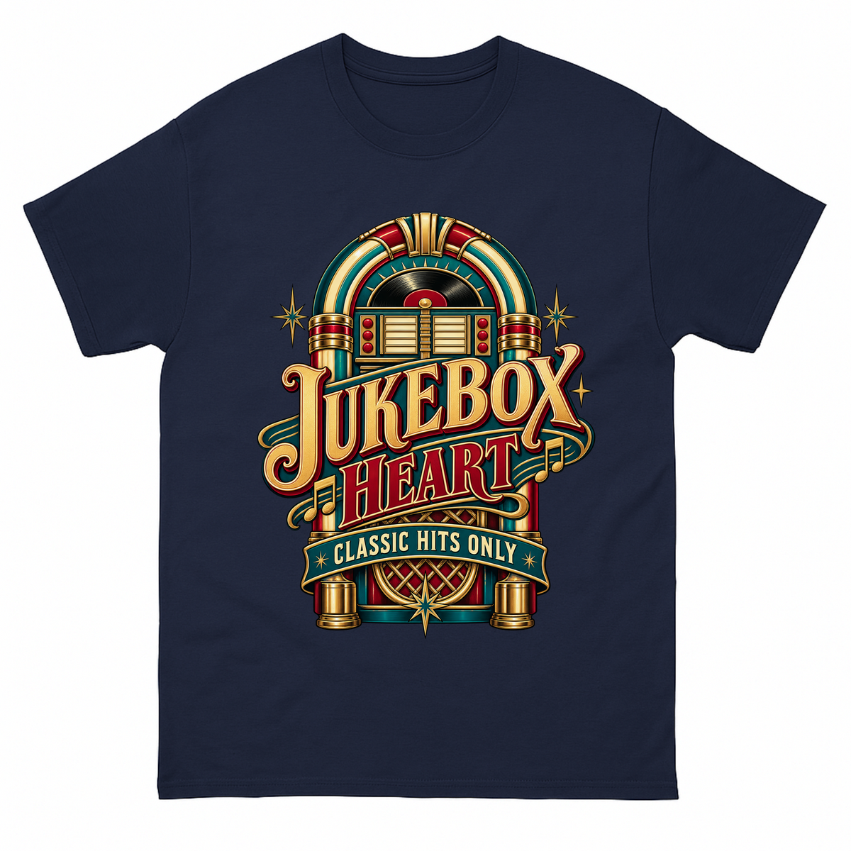 Navy vintage t-shirt with Jukebox Heart Classic Hits Only printed front design