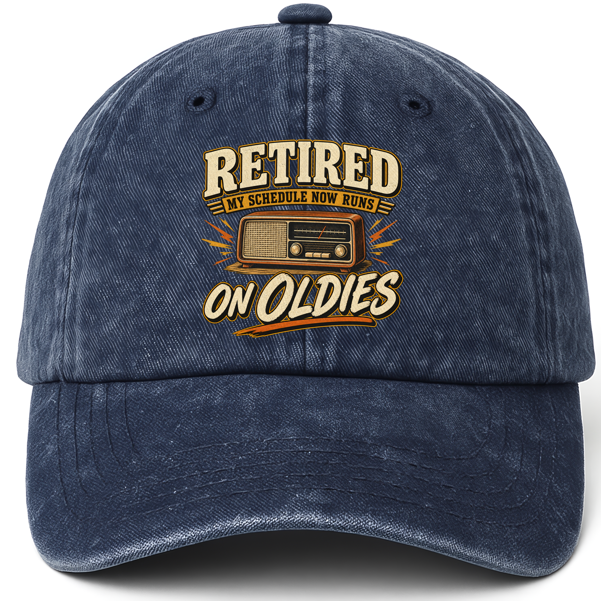 Navy vintage washed cap with 39 schedule runs on oldies ideogram 4x TRIM pad80 printed front design