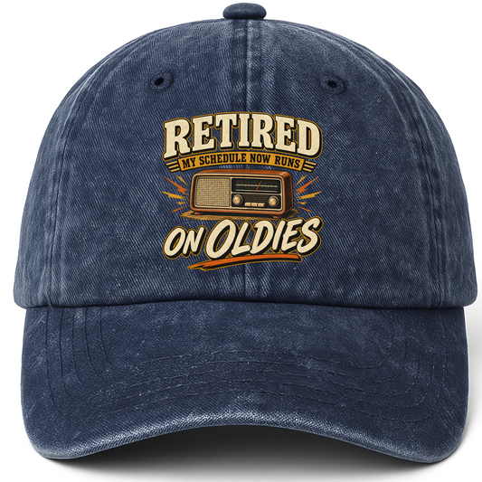 Navy vintage washed cap with 39 schedule runs on oldies ideogram 4x TRIM pad80 printed front design
