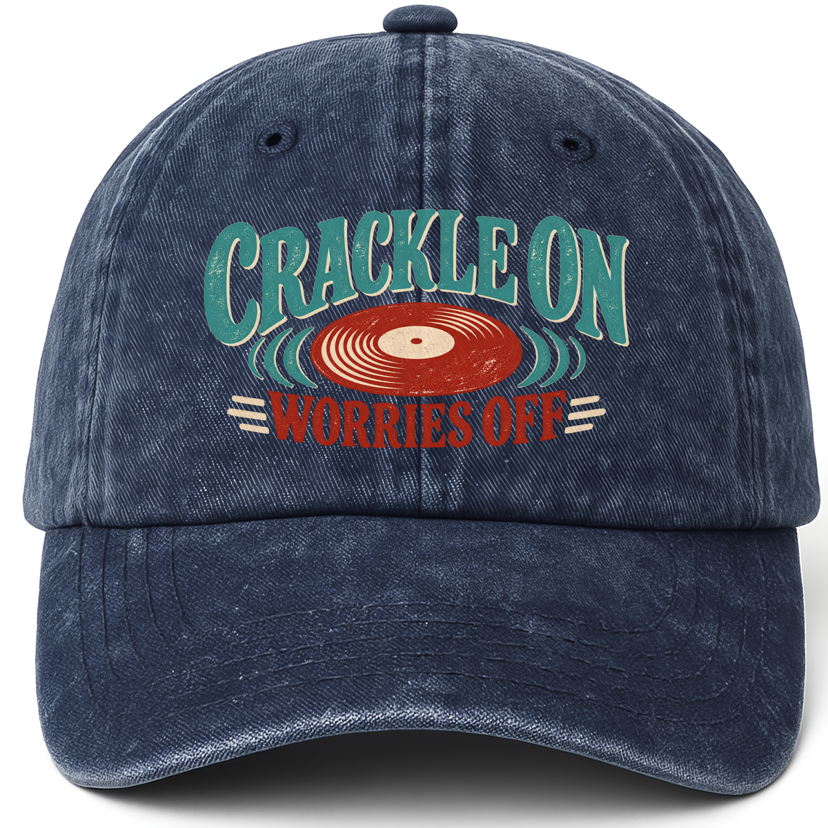 Navy vintage washed cap with Crackle On Worries Off printed front design