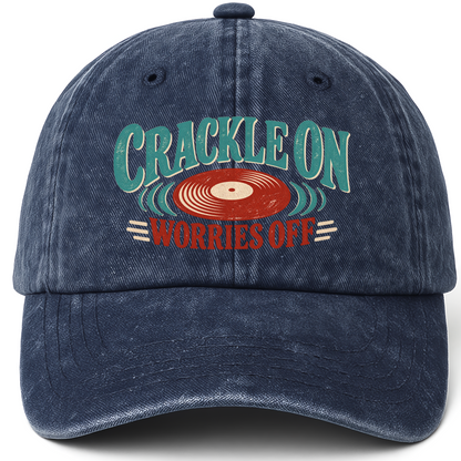Navy vintage washed cap with Crackle On Worries Off printed front design