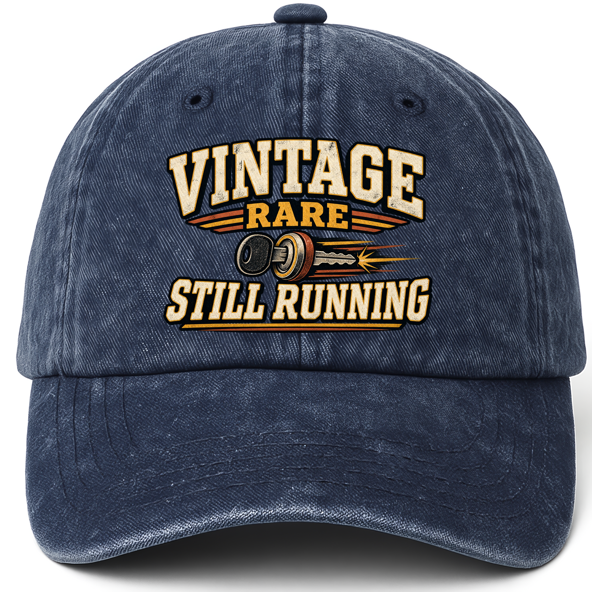 Navy vintage washed cap with Vintage Rare Still Running printed front design