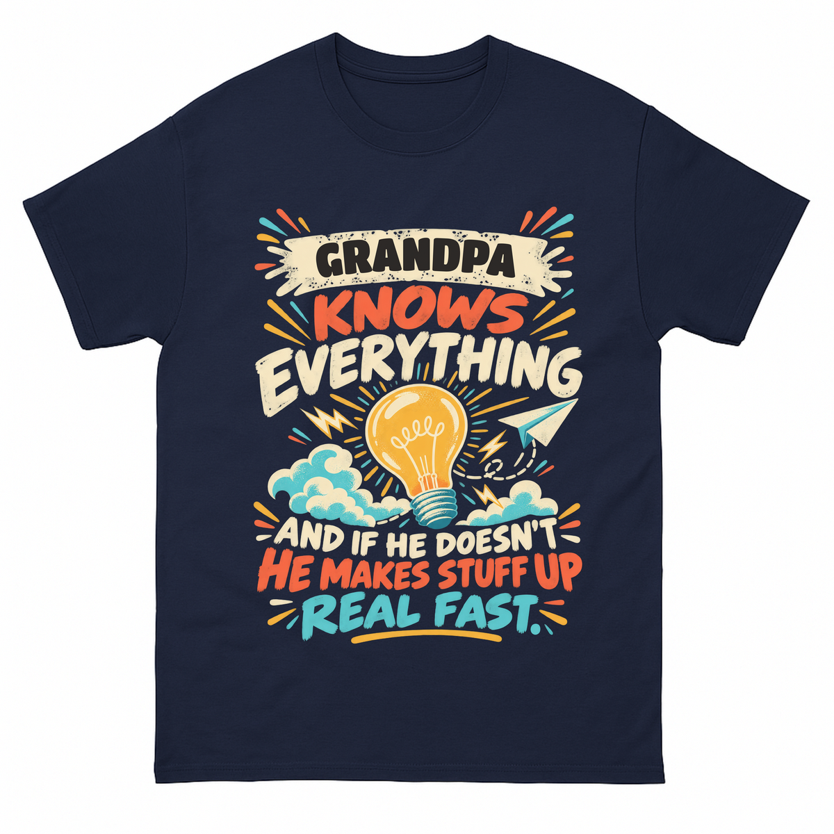 Navy vintage t-shirt with Your Name Knows Everything Lightbulb printed front design