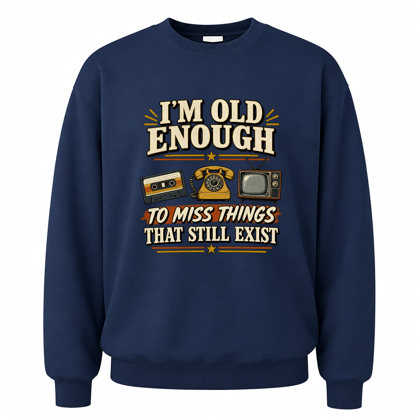 Navy vintage sweatshirt with 42 miss things that still exist ideogram 4x printed front design