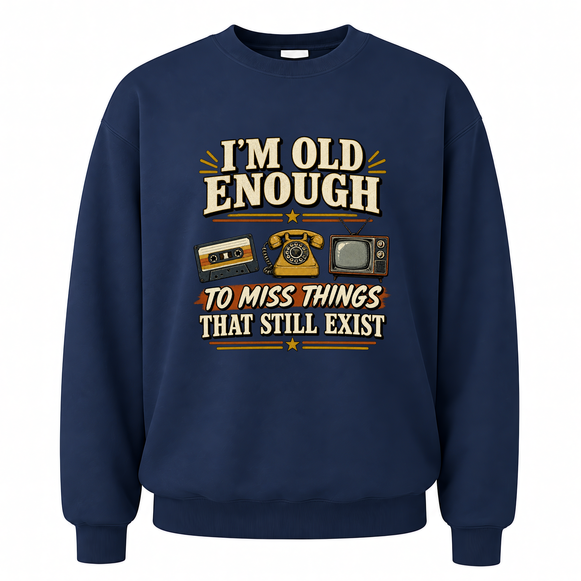Navy vintage sweatshirt with 42 miss things that still exist ideogram 4x printed front design