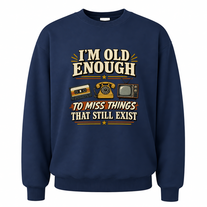 Navy vintage sweatshirt with 42 miss things that still exist ideogram 4x printed front design