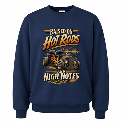 Navy vintage sweatshirt with 36 hot rods and high notes ideogram 4x printed front design