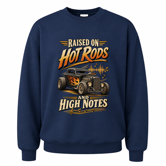 Navy vintage sweatshirt with 36 hot rods and high notes ideogram 4x printed front design