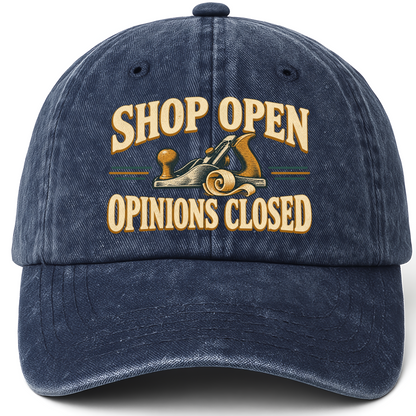Navy vintage washed cap with Shop Open Opinions Closed printed front design