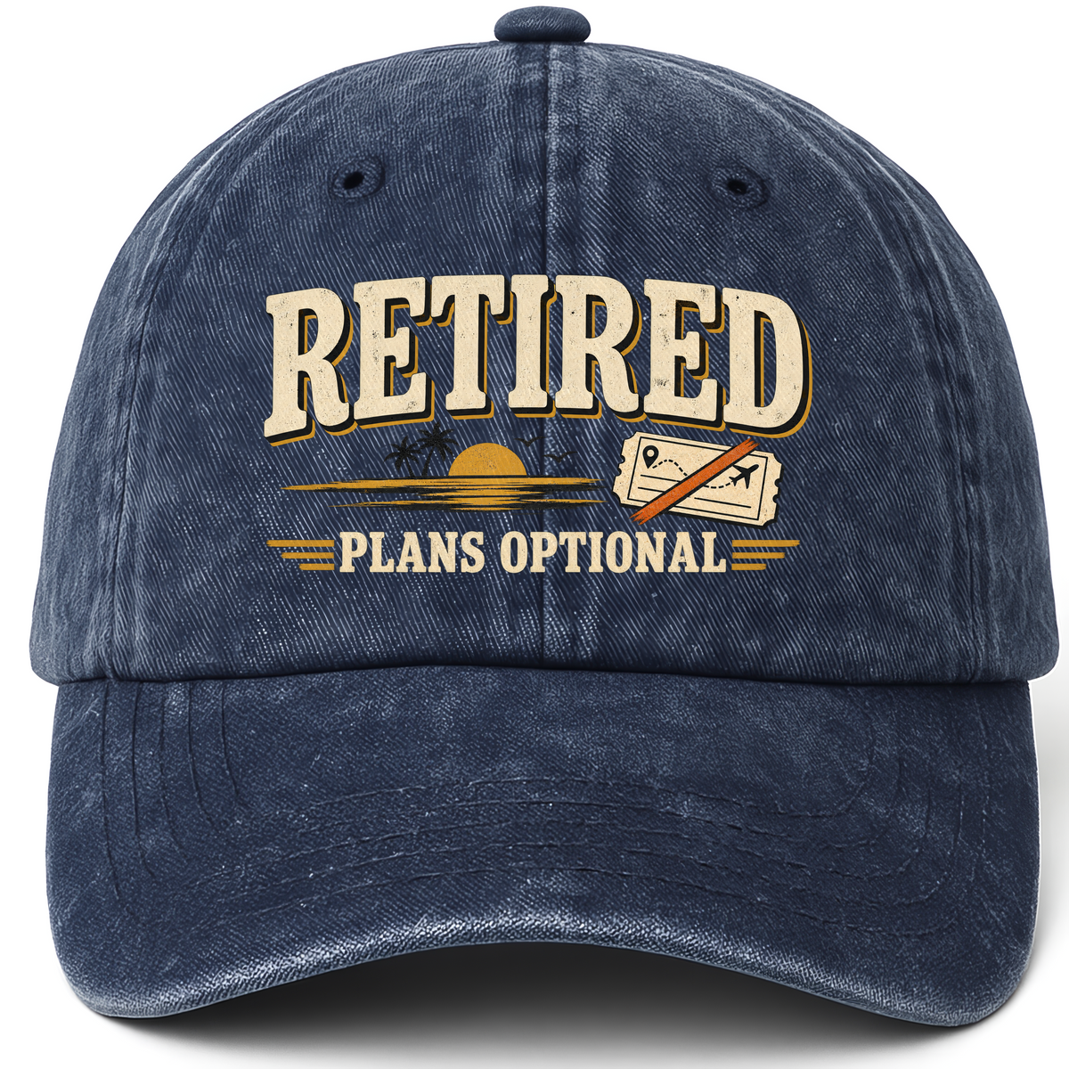 Navy vintage washed cap with Retired Plans Optional printed front design