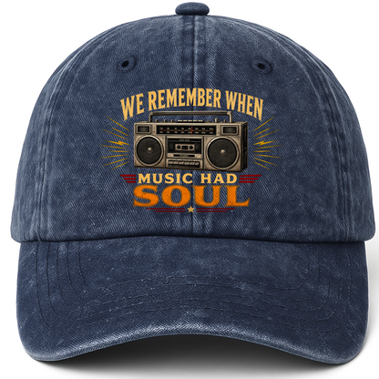 Navy vintage washed cap with We remember music soul cap printed front design