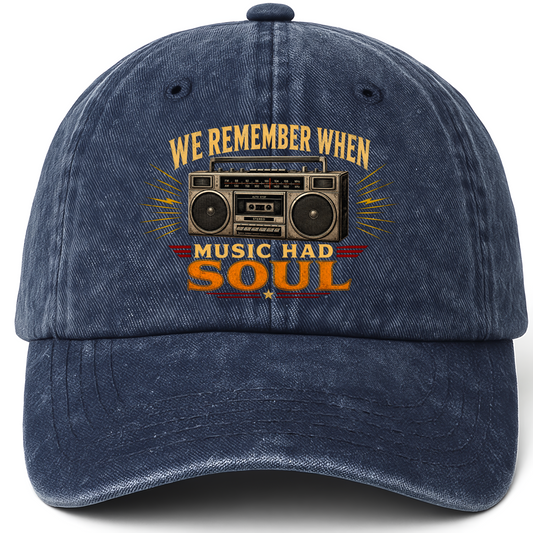 Navy vintage washed cap with We remember music soul cap printed front design