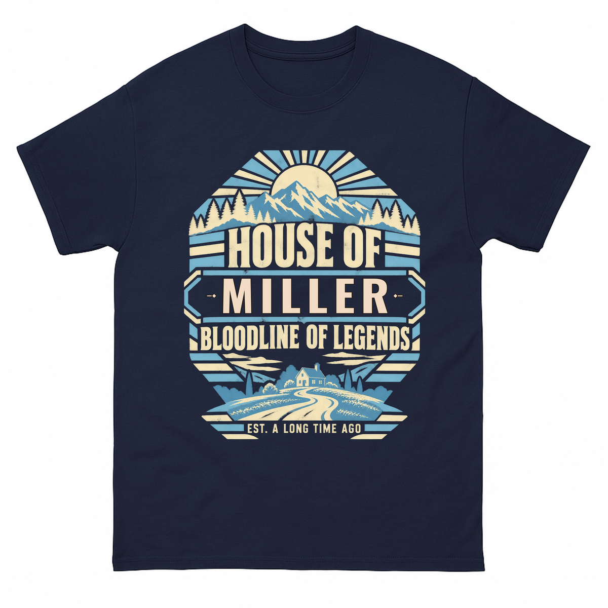 Navy vintage t-shirt with House Of Your Family Name Bloodline Of Legends Mountain printed front design