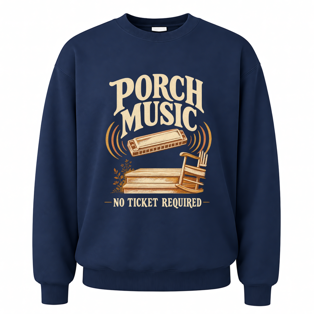 Navy vintage sweatshirt with Porch Music. No Ticket Required printed front design