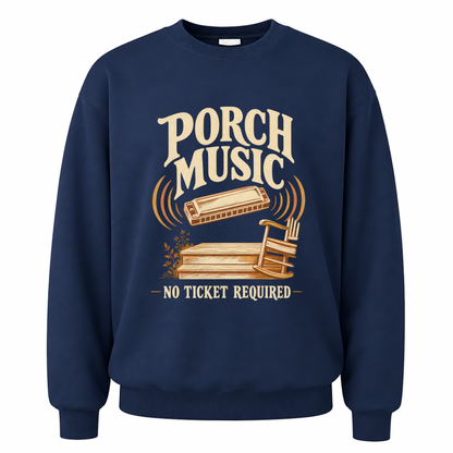 Navy vintage sweatshirt with Porch Music. No Ticket Required printed front design