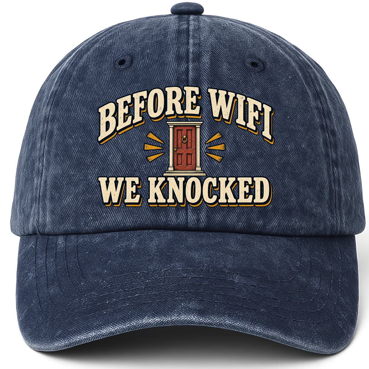 Navy vintage washed cap with Before Wine We Knocked printed front design