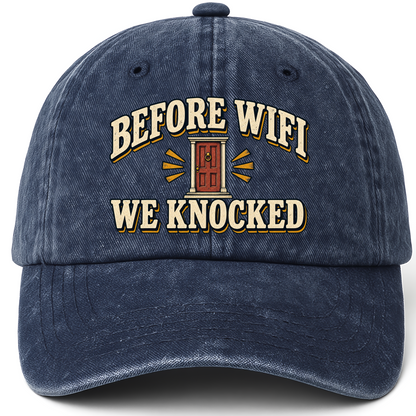 Navy vintage washed cap with Before Wine We Knocked printed front design