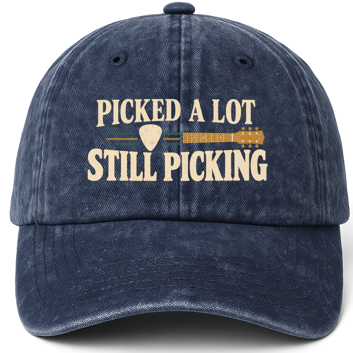Navy vintage washed cap with Picked A Lot Still Picking printed front design